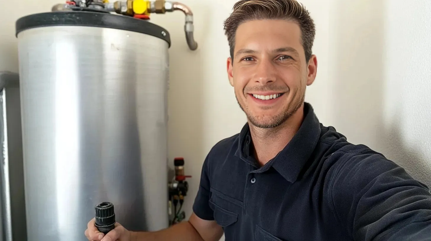 Decorative selfie of the plumbing expert Adam Miller on the job