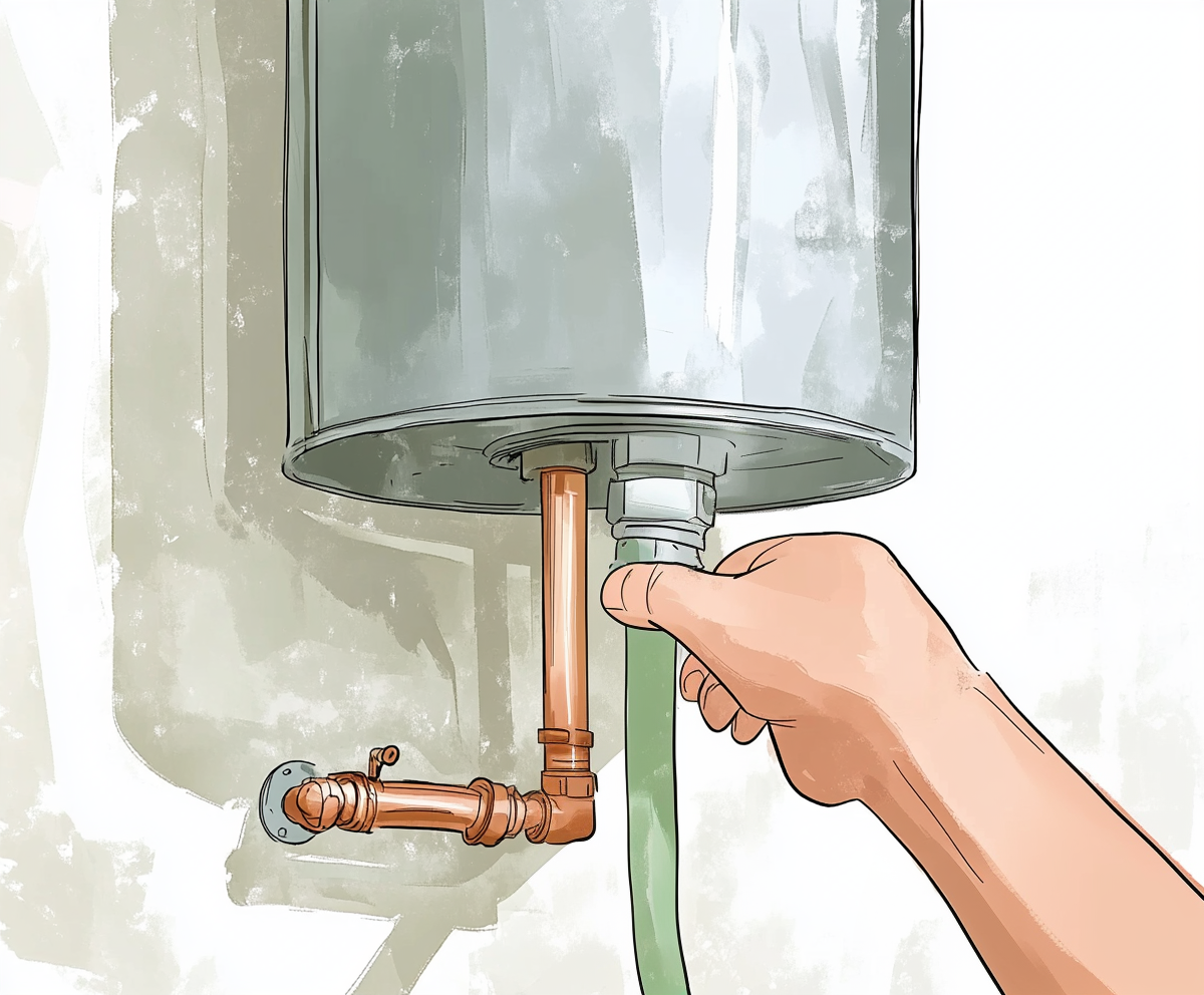 A sketch illustrating how to attach a garden hose to a water heater